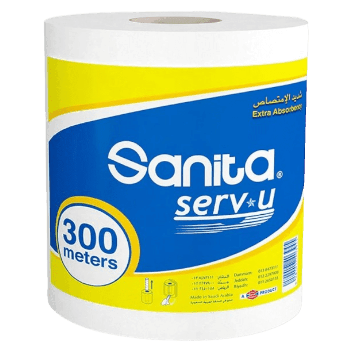 مجموعة من 6 لفات من ورق التواليت Sanita Serv-U Maxi Roll، طبقة واحدة، أبيض منقوش، 300 متر.