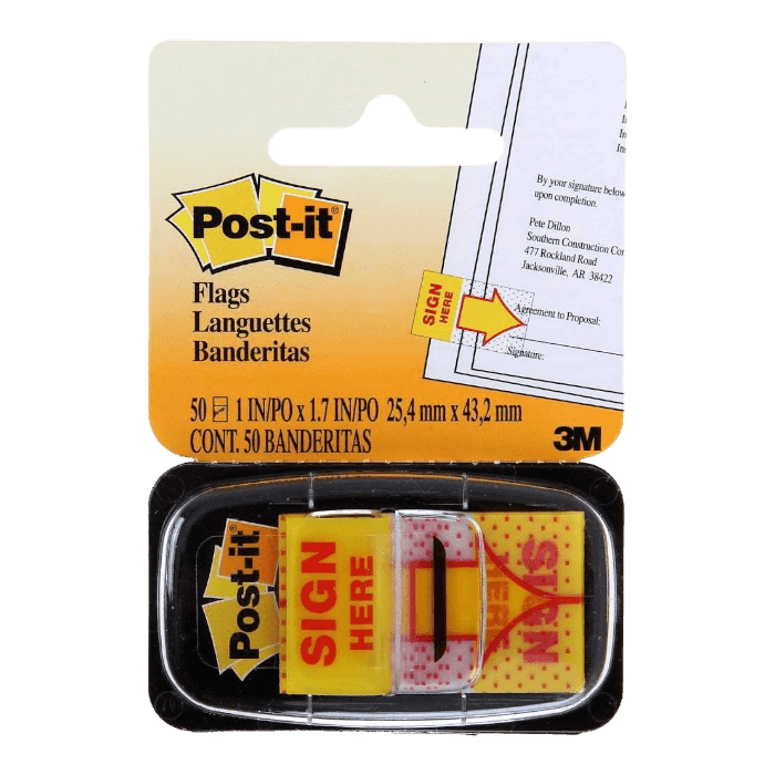 أعلام لاصقة من نوع 3M Post-it، علامة هنا مع موزع، لون أصفر