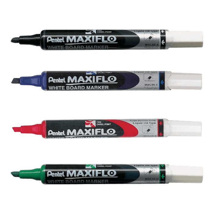 أقلام تحديد السبورة البيضاء Pentel Maxiflo ذات رأس مشطوف 1.5 5 مم أحمر أخضر أسود أزرق 4 قطع.